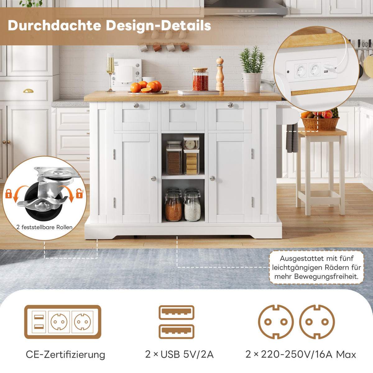 KÜCHENINSEL 132/87/40(70) cm Weiß/Natur aus MDF mit klappbarer Arbeitsplatte - Weiß, Holzwerkstoff (70/87/132cm) - OKMYHOME