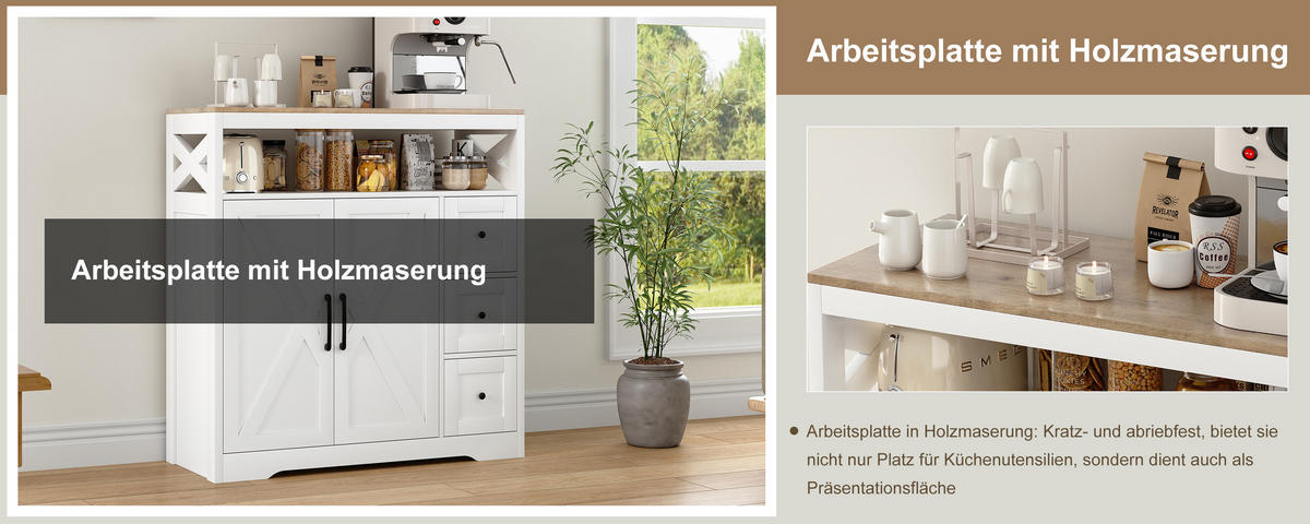 ANRICHTE 3 Schubladen, 2 Türen, MDF, Weiß - Weiß, Holzwerkstoff (40/105/100cm) - SHOPENTRA