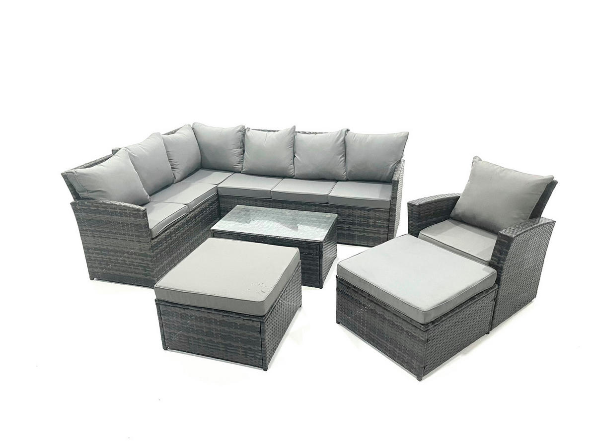 GARTENSET mit Couchtisch, Fußhocker Polyrattan Dunkelgrau 9-Sitzer - Dunkelgrau/Grau, Glas/Kunststoff - Fimous