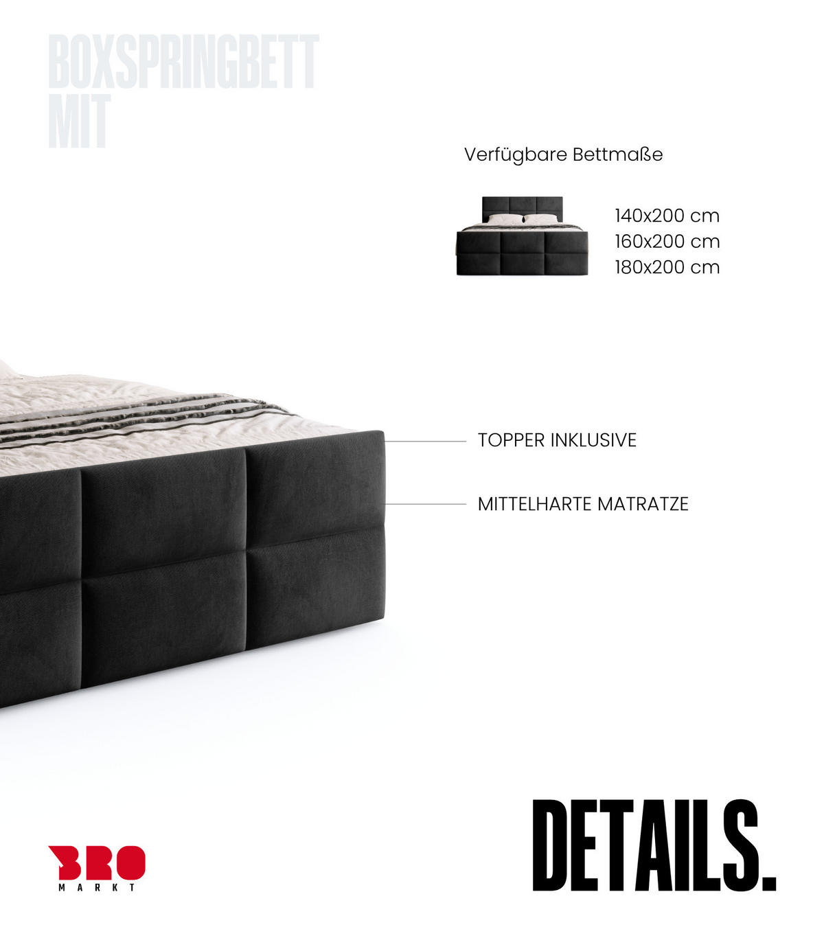 BOXSPRINGBETT Boston Duo Mit Bettkasten, Topper und Matratze Schwarz Kronos 07 180x200 cm - Schwarz, Textil (180/200cm) - Bromarkt
