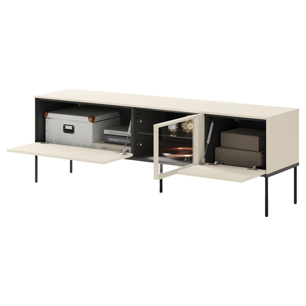 TV-LOWBOARD Bellezo mit beleuchteter Glasvitrine Creme 166/55/41 cm - Creme/Schwarz, Holzwerkstoff (166/55/41cm) - Selsey