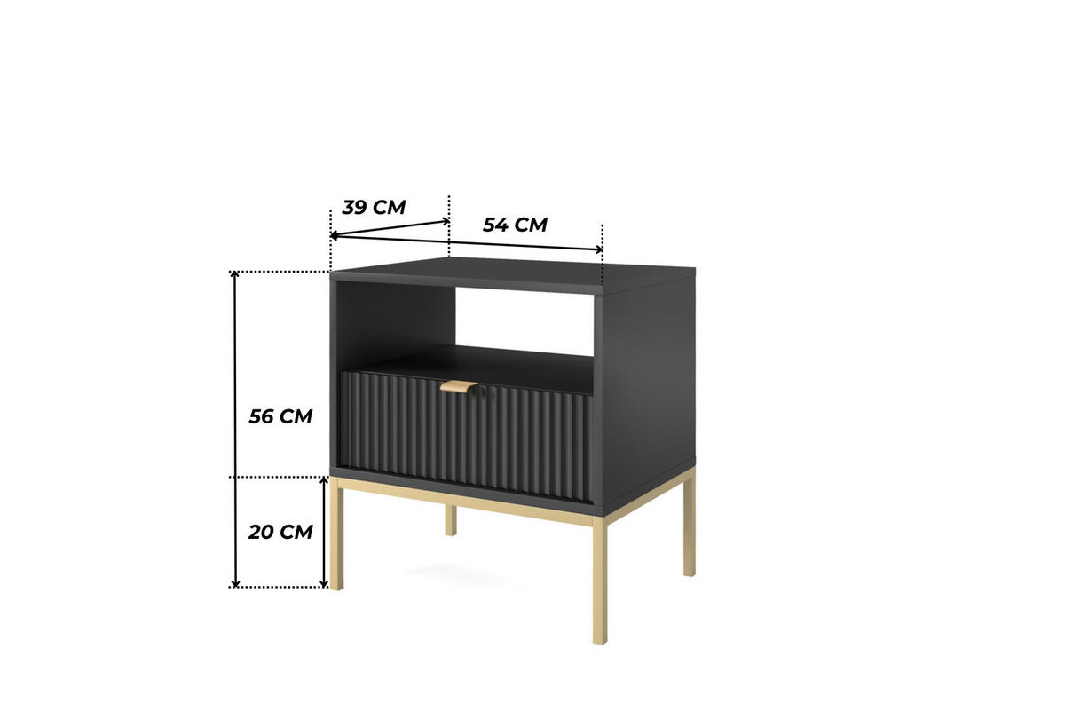 SCHWARZER Moderner Geriffelter Nachttisch KIOTO SN1SZ (Gold Gestell, Vollauszug) - Goldfarben/Schwarz, Holz/Holzwerkstoff (54/56/39cm) - Ravio