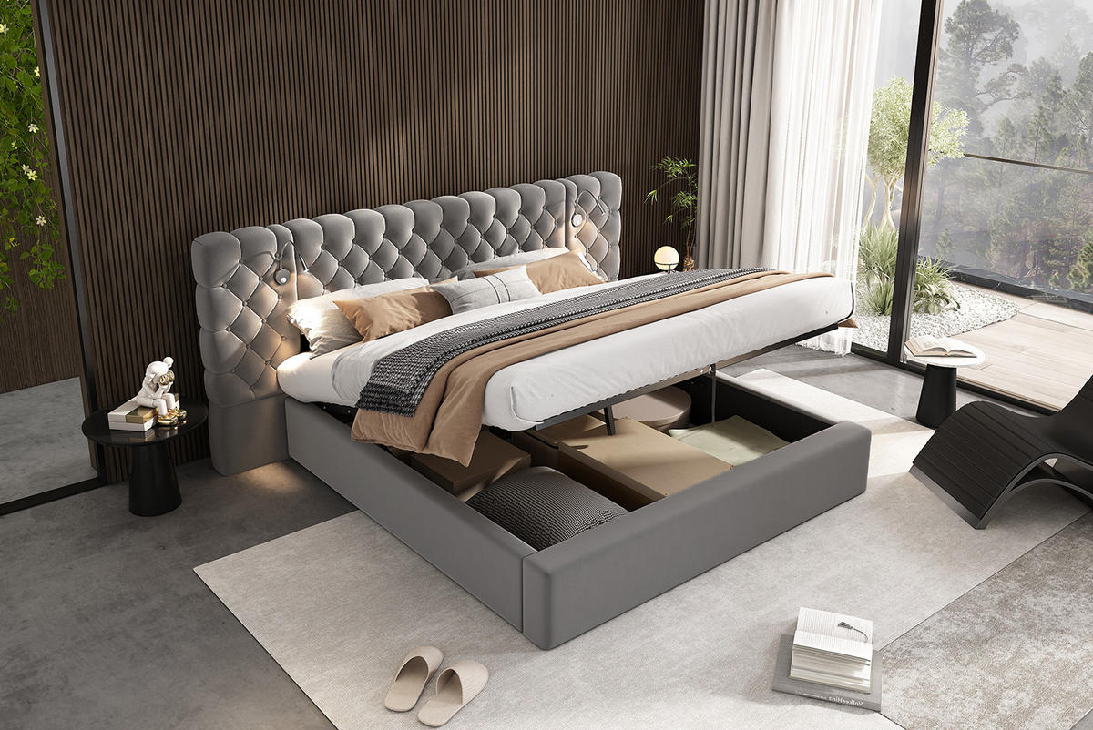 POLSTERBETT 160/200 cm Grau aus Samt mit Stauraum und Leselicht - Grau, Textil (160/200cm) - OKMYHOME