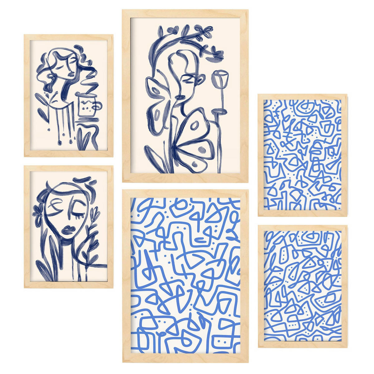 POSTER Set Mit 6 Kunst Löschen In Weibliche Zusammenfassung A3 & A4 Rahmen Aus Hellem Holz - Beige, Papier (29/3cm) - Nacnic