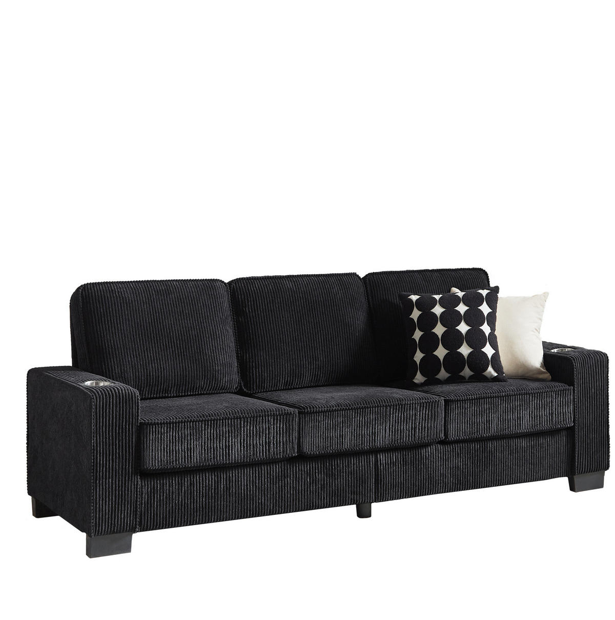 SOFA 3-Sitzer 206 cm Schwarz mit Getränkehaltern - Schwarz, Holzwerkstoff (206/86/72cm) - Meubliv