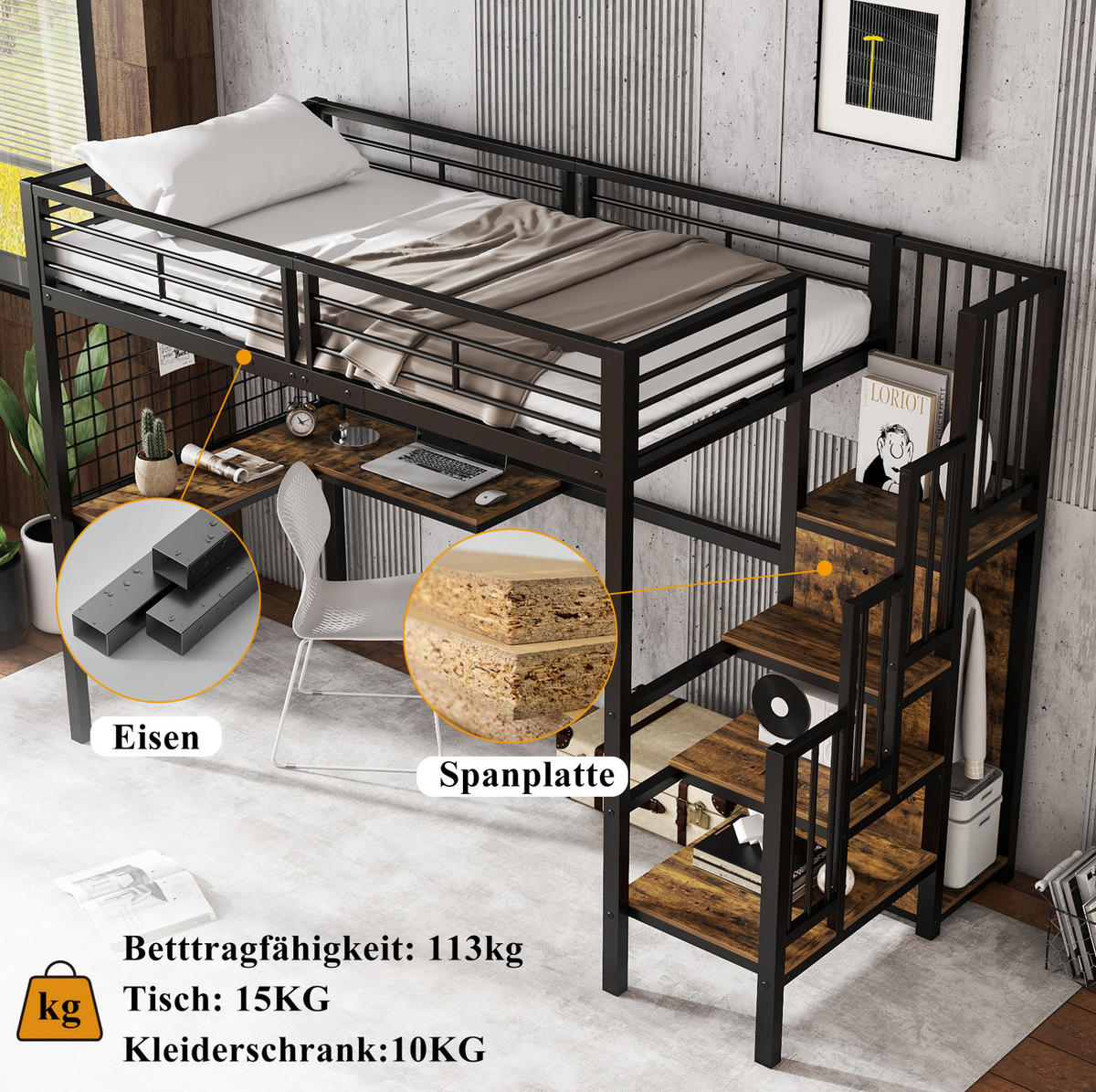 HOCHBETT 90/200 cm Schwarz und dunkle Holzfarbe aus Metall und Holzwerkstoff mit Kleiderschrank und Tisch - Schwarz, Holzwerkstoff (90/200cm) - OKMYHOME