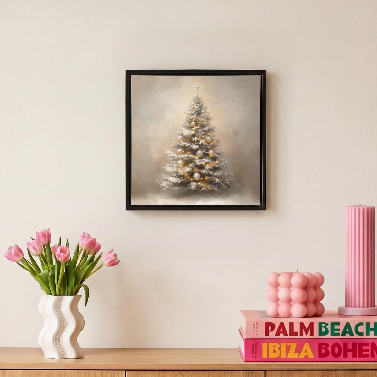 LEINWAND Bilder mit Rahmen - Weihnachten - Weihnachtsbaum - Schnee - Kunst - 20x20 - Champagner, Textil (20/20cm) - MuchoWow