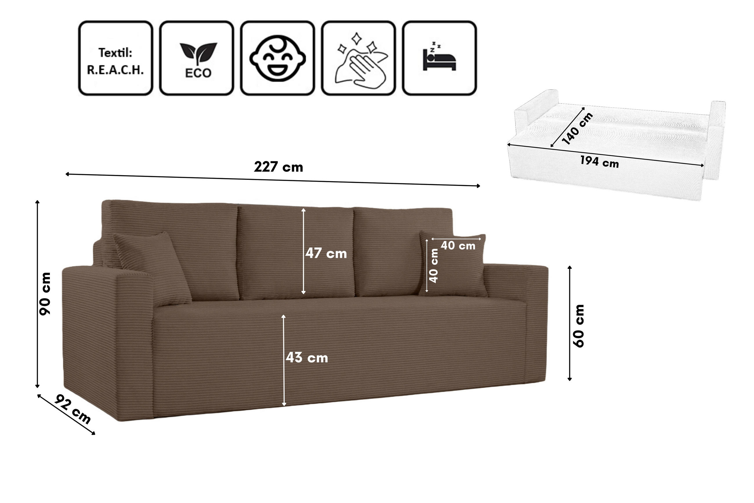 Thumbnail - Kaiser Möbel Schlafsofa, Braun, Textil, Füllung: Komfortschaum,Komfortschaum, einzeln stellbar,Rechteckig, 227x90x92 cm,...