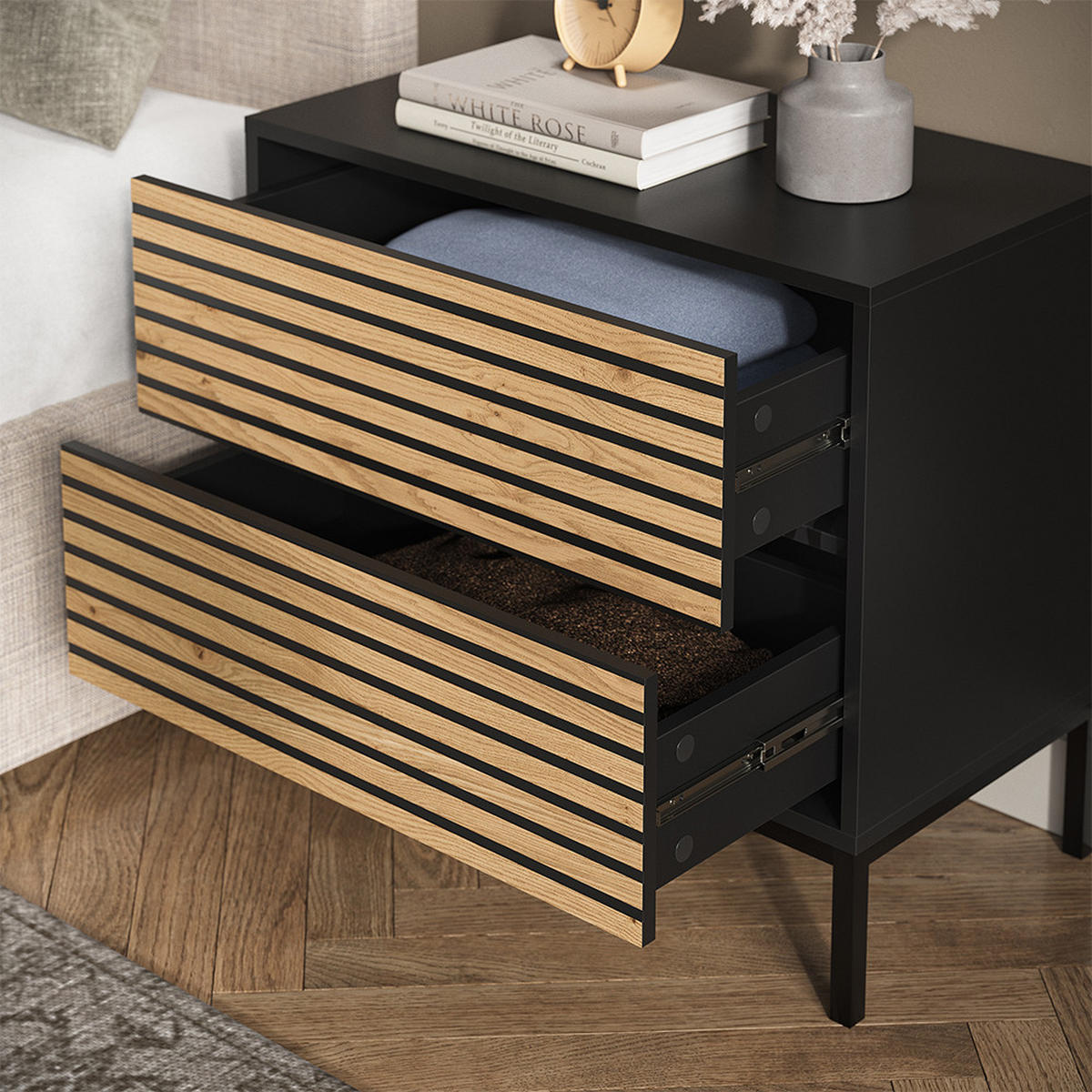 NOČNÍ STOLEK Eliza Černá/dubová - medově dubová/antracitová, kompozitní dřevo (66/60/36cm) - Vicco