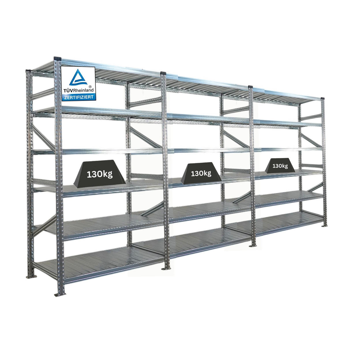 FACHBODENREGAL Proximo Stecksystem 210x450x60cm 6 Ebenen Beidseitig nutzbar Verzinkt - Silberfarben, Metall (450/210/60cm) - PROREGAL