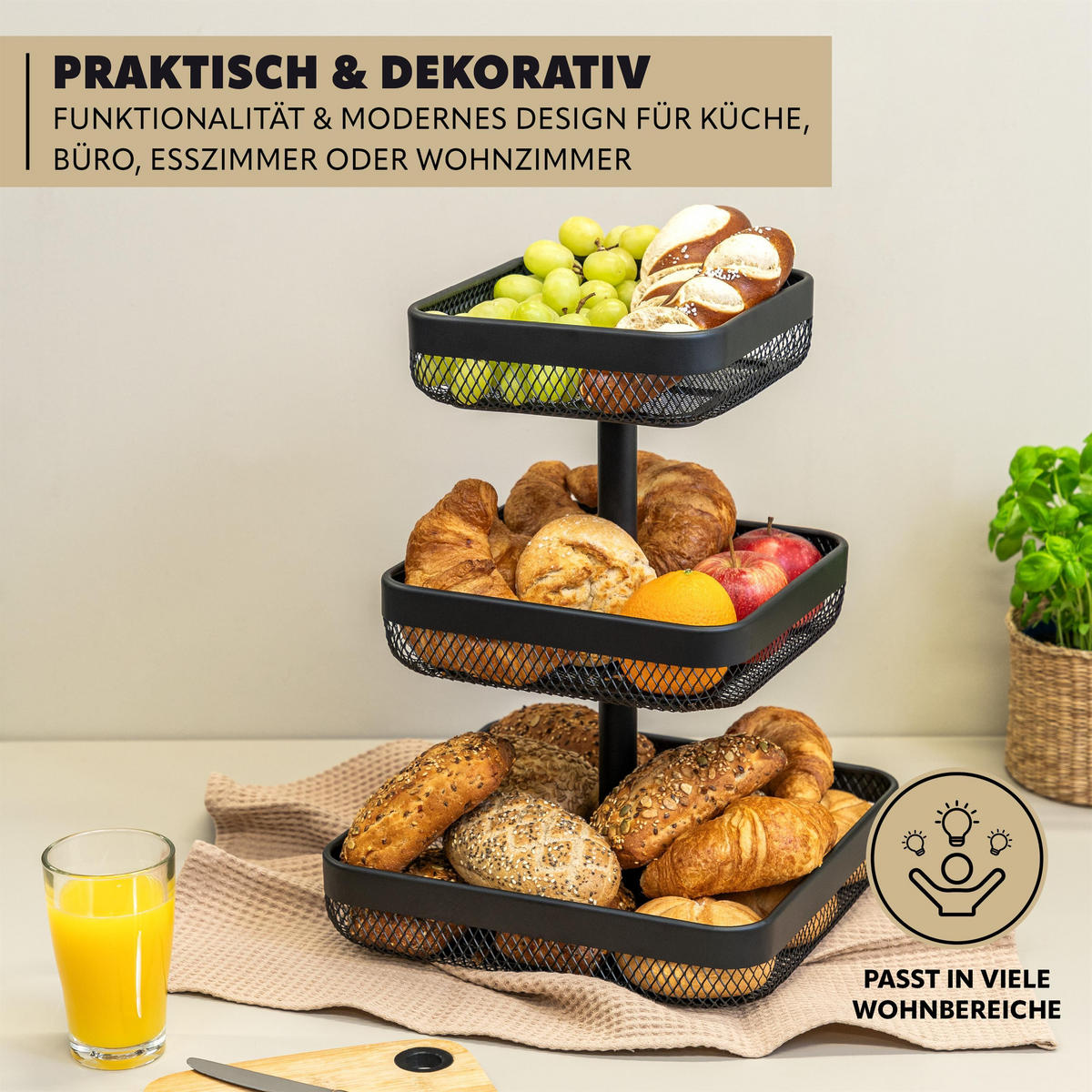 OBSTETAGERE 3-STÖCKIG eckig Metall schwarz - Schwarz, Metall (30/42cm) - eluno