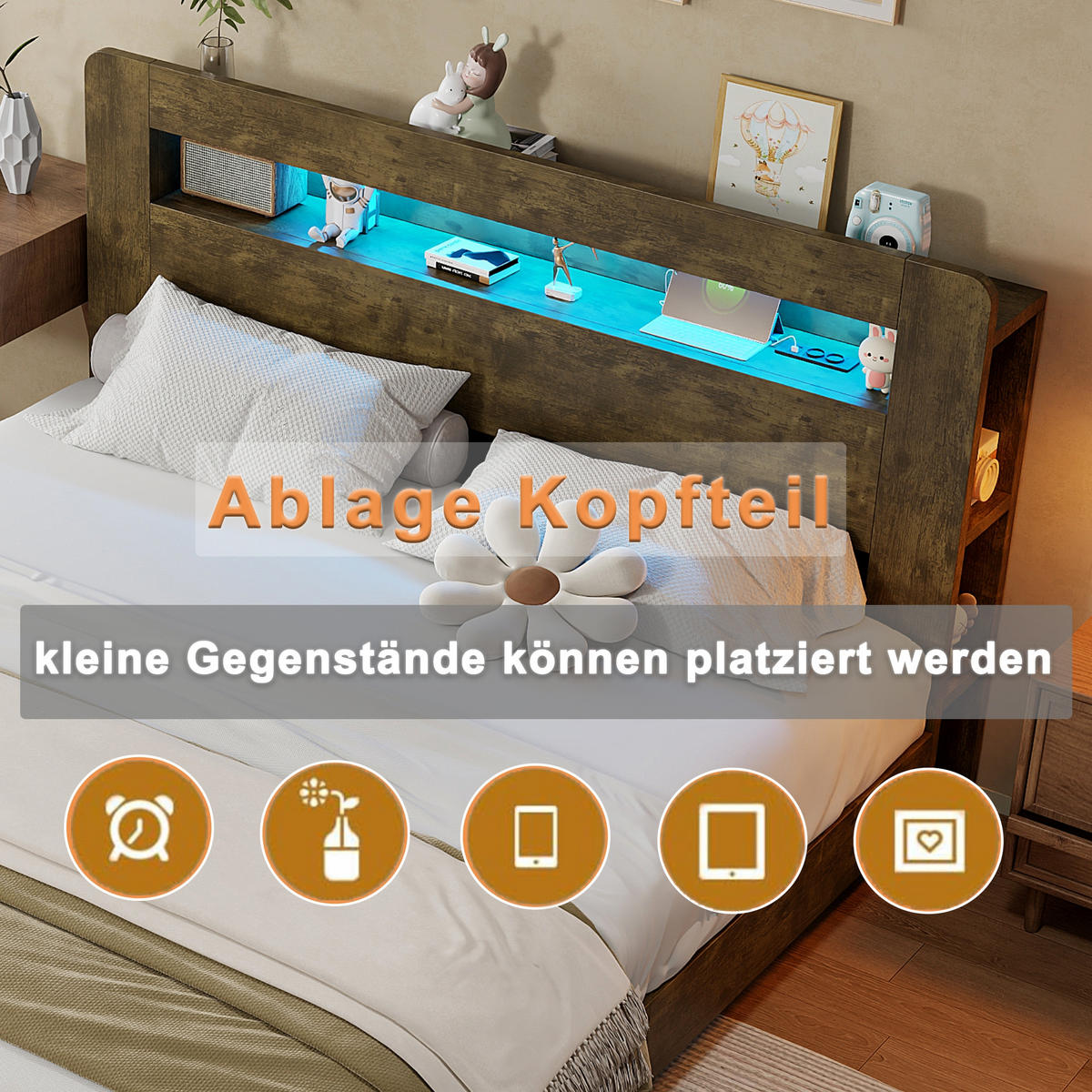 POLSTERBETT 180/200 cm Holzfarbe mit Hydraulische Aufbewahrungsfunktion und LED-Kopfteil - Eichefarben, Holz (180/200cm) - Oxeza