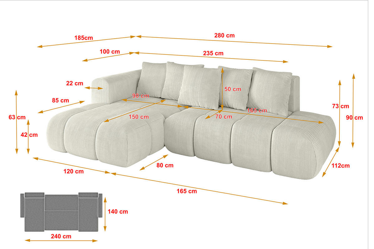 ECKSOFA Ottomane Links CLOUD-L-v1 280x185x90 Hellgrau Cord - Hellgrau, Holzwerkstoff/Kunststoff (180/289cm) - ALTDECOR