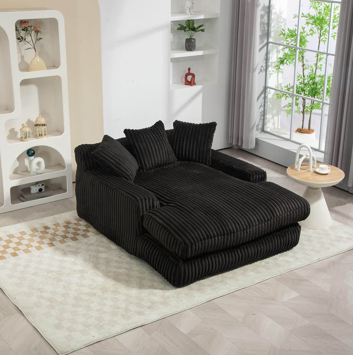 SOFA Chaiselongue 125 x 155 cm Cord Black inkl. 3 Kissen - Schwarz, Textil (155/63/125cm) - Meubliv