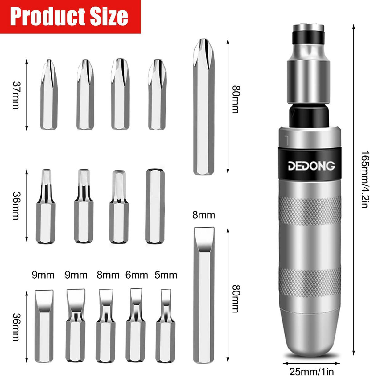 SCHRAUBENDREHER-SET-DIY,ES wird mit 15 Bits geliefert (Schlitz-, Kreuzschlitz- und Sechskantbits). - Silberfarben, Metall (2.5/2.5/16.5cm) - LIBRATON