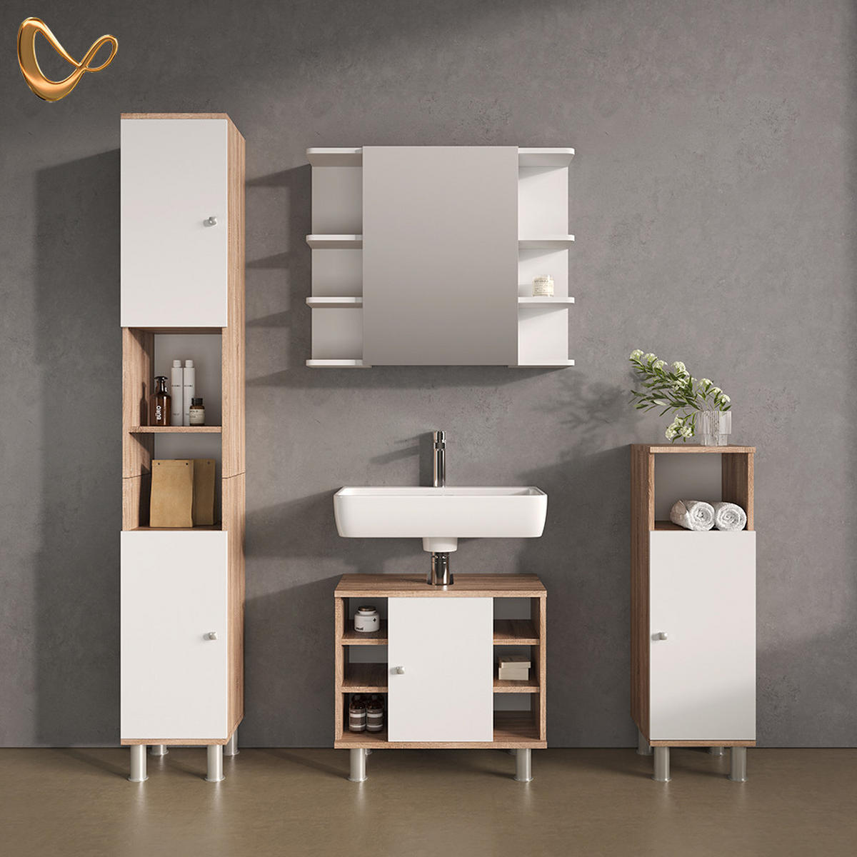 BADMÖBEL-SET Fucino Sonoma 4 Teile - Weiß/Sonoma Eiche, Holzwerkstoff (60/54/32cm) - Livinity®