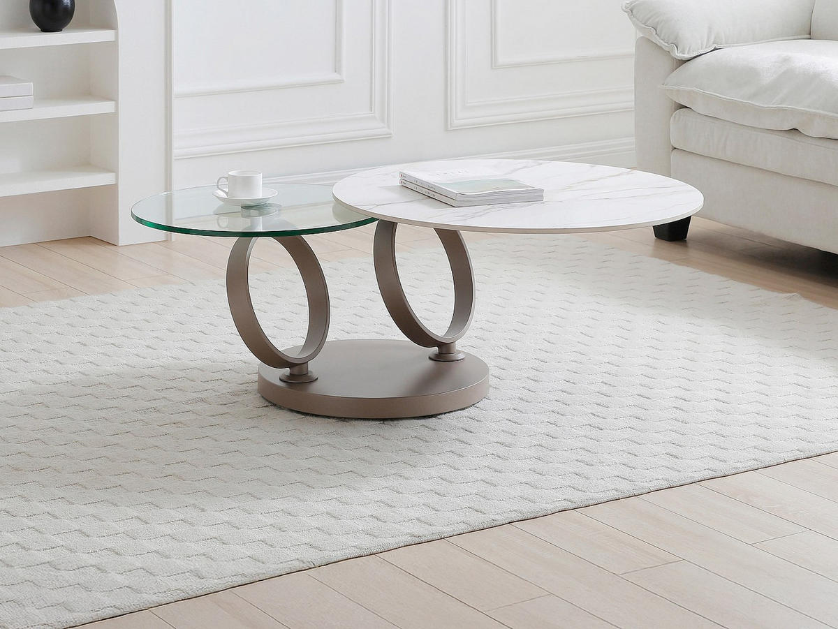 COUCHTISCH mit drehbaren Tischplatten - Keramik & Glas Weiß Marmor-Optik - JOLINE - Taupe, Glas/Keramik (80/135/43cm) - Vente-Unique