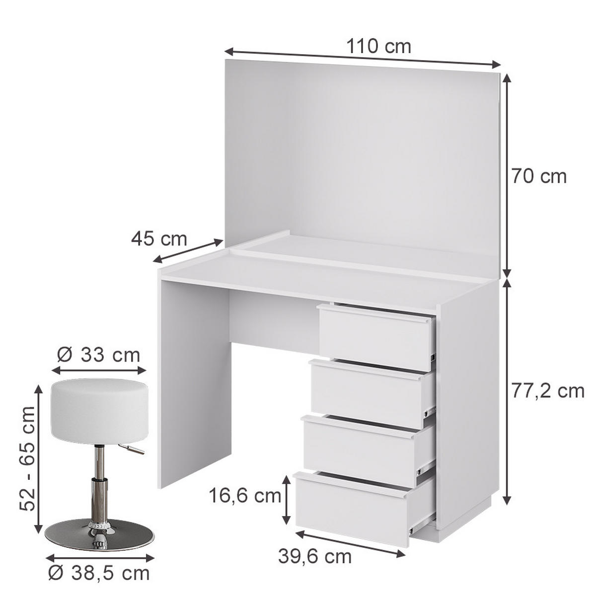 TOALETNÍ STOLEK Viktoria Bílá - bílá, kompozitní dřevo (110/77.2/45cm) - Vicco