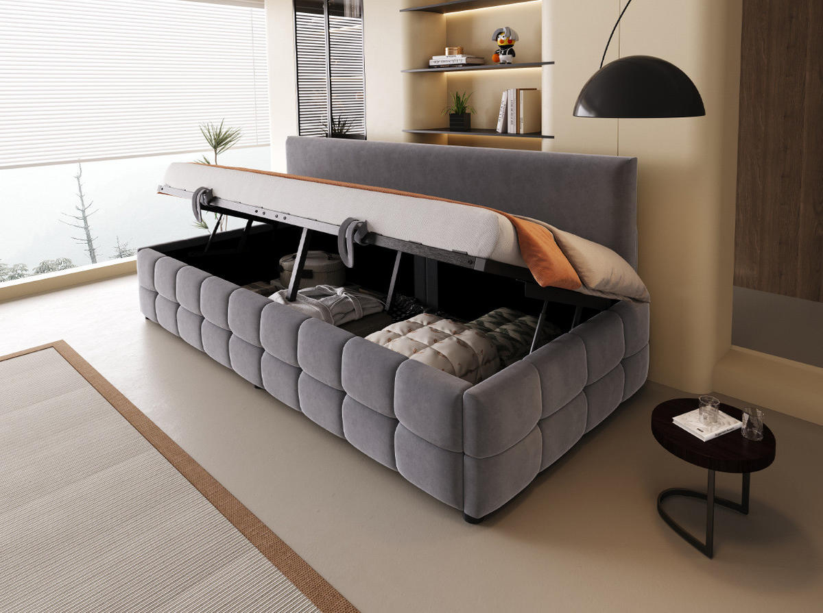 POLSTERBETT 90/200 cm Dunkelgrau aus Samt mit Stauraum - Grau, Textil (90/200cm) - OKMYHOME