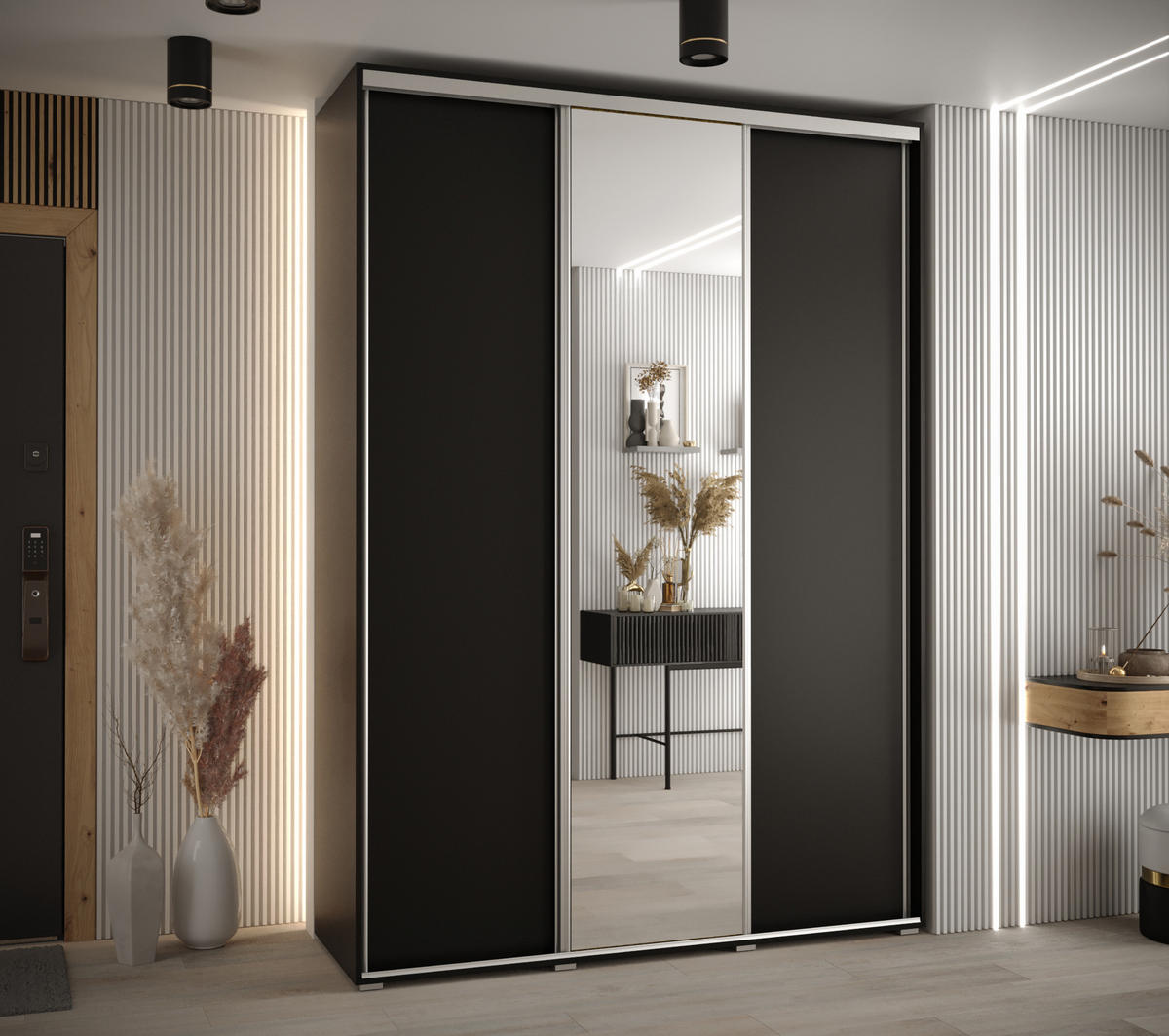 SCHWEBETÜRENSCHRANK 235,2/180/60 3-türig - Silberfarben/Schwarz, Holz/Metall (180/235/60cm) - Abiks Möbel