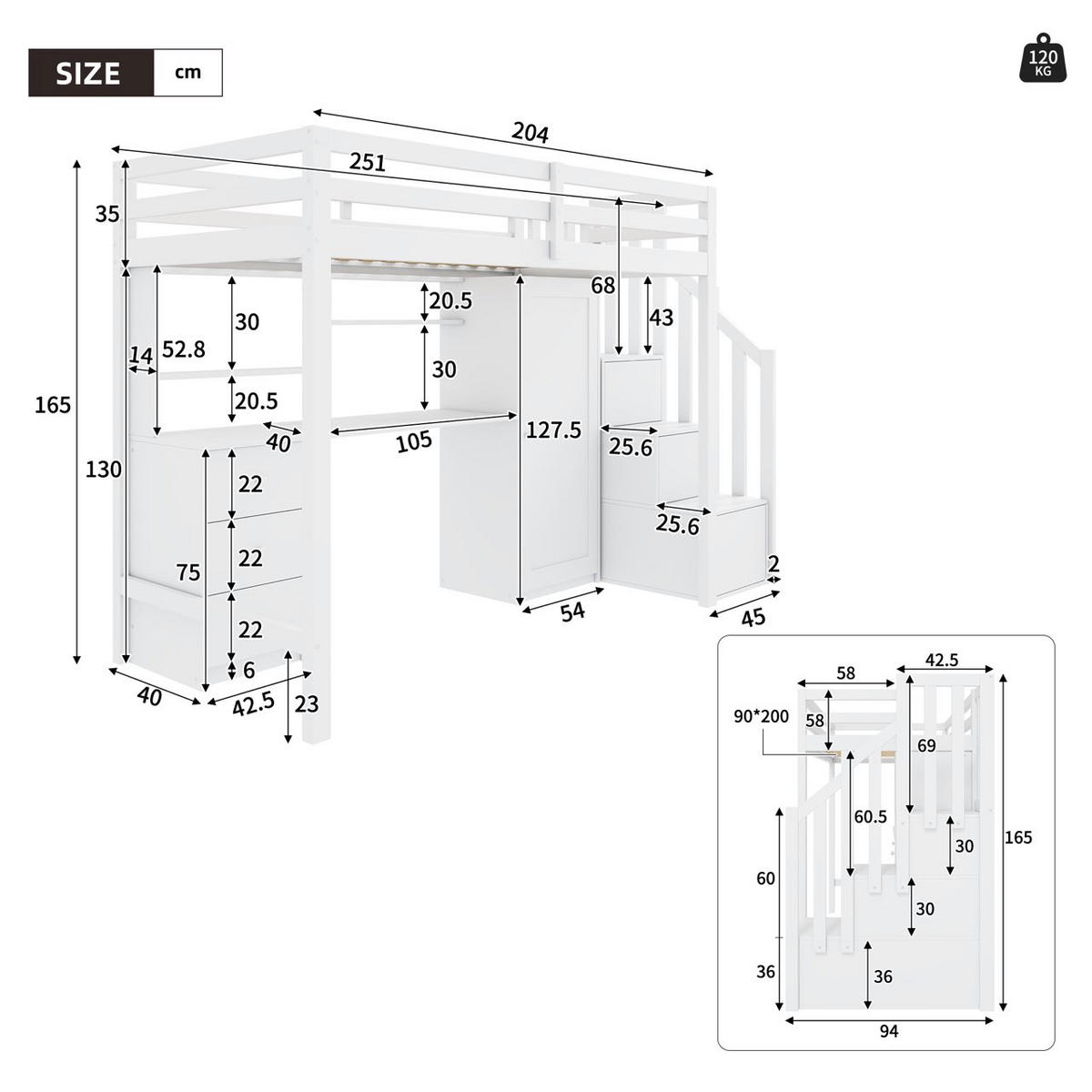 ETAGENBETT 90/200 cm Weiß mit Schreibtisch und Stauraum - Weiß, Holz (90/200cm) - OKWISH