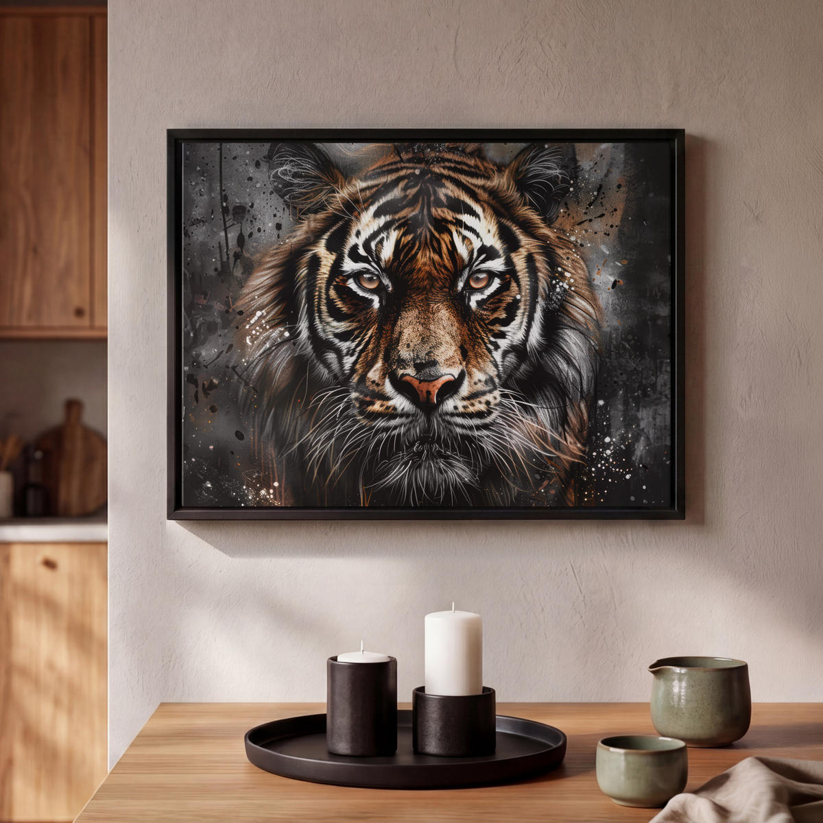 LEINWAND Bilder mit Rahmen - Tiger - Tiere - Porträt - Luxus - Schwarz - 40x30 - Braun, Textil (40/30cm) - MuchoWow