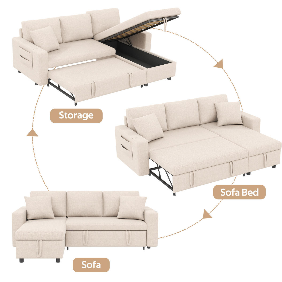 SCHLAFSOFA L-Form mit Stauraum und wechselbarer Chaiselongue, Beige - Beige, Textil (219.5/83/142.5cm)