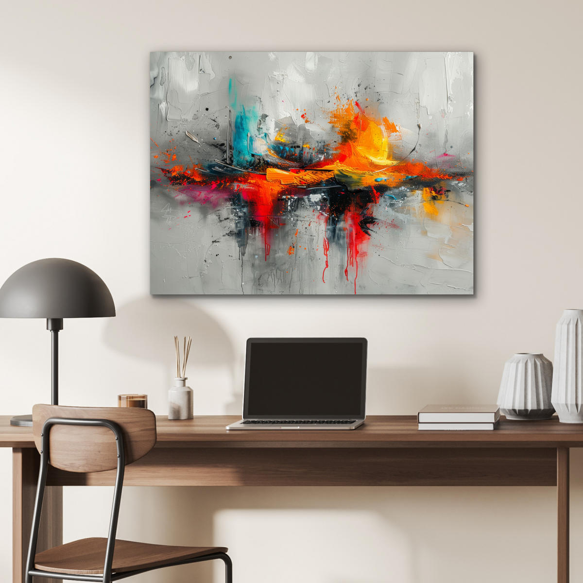 KOVOVÝ OBRAZ Moderné umenie - Oranžová - Sivá - Abstraktné 80x60 cm - svetlosivá, kov (80/60cm) - MuchoWow
