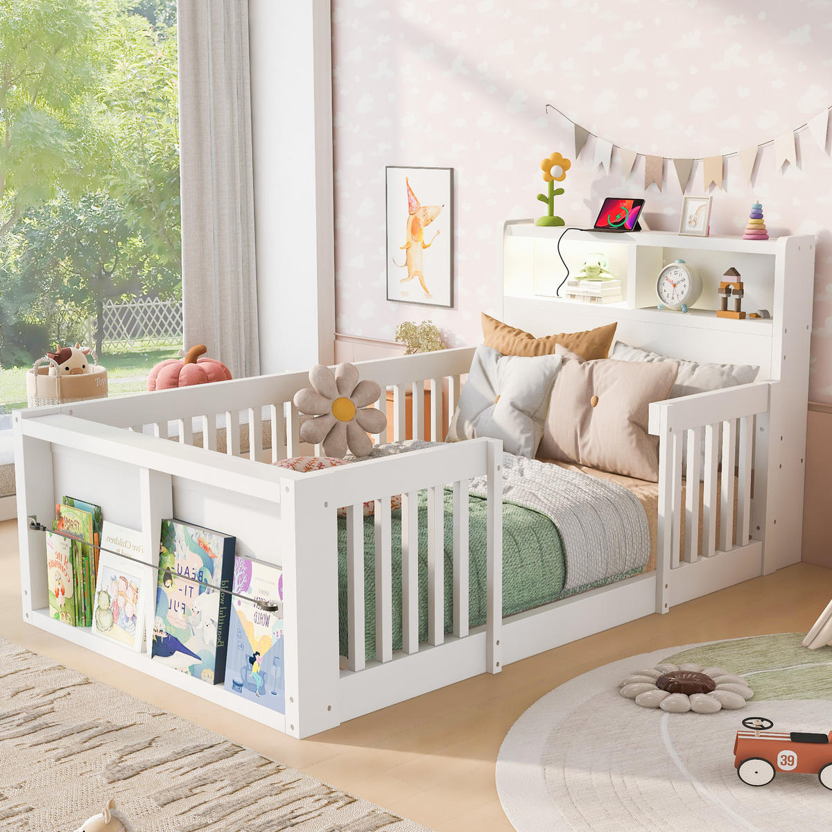 KINDERBETT 90/190 cm in Weiß mit hohem Schutzgitter, USB-Anschluss, Nachtlicht und Staufach aus Holz - Weiß, Holzwerkstoff (90/190cm) - STILVORA