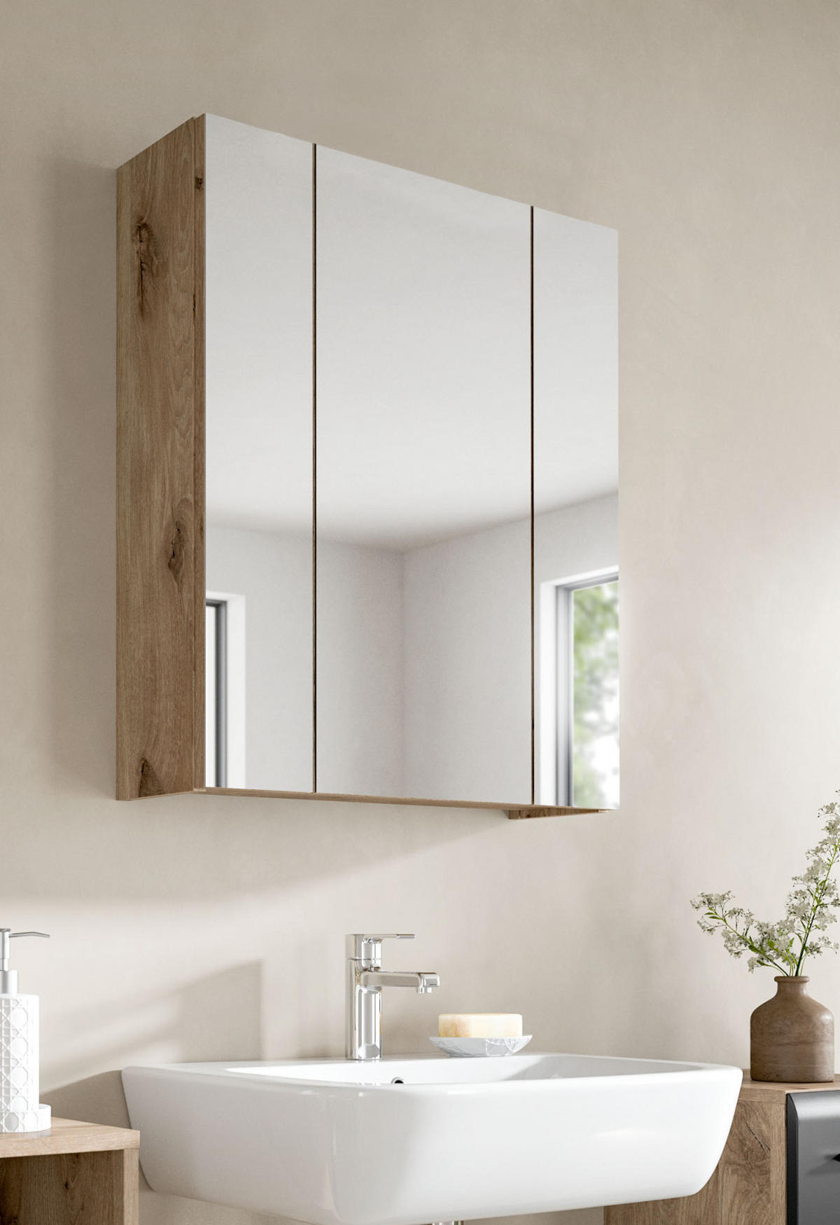 SPIEGELSCHRANK Eiche Nox, Badschrank Spiegel 3-türig / 3D, 9 Fächer 60 x 70 cm - Eichefarben, Glas/Holzwerkstoff (60/70/18cm) - Inn.Furn