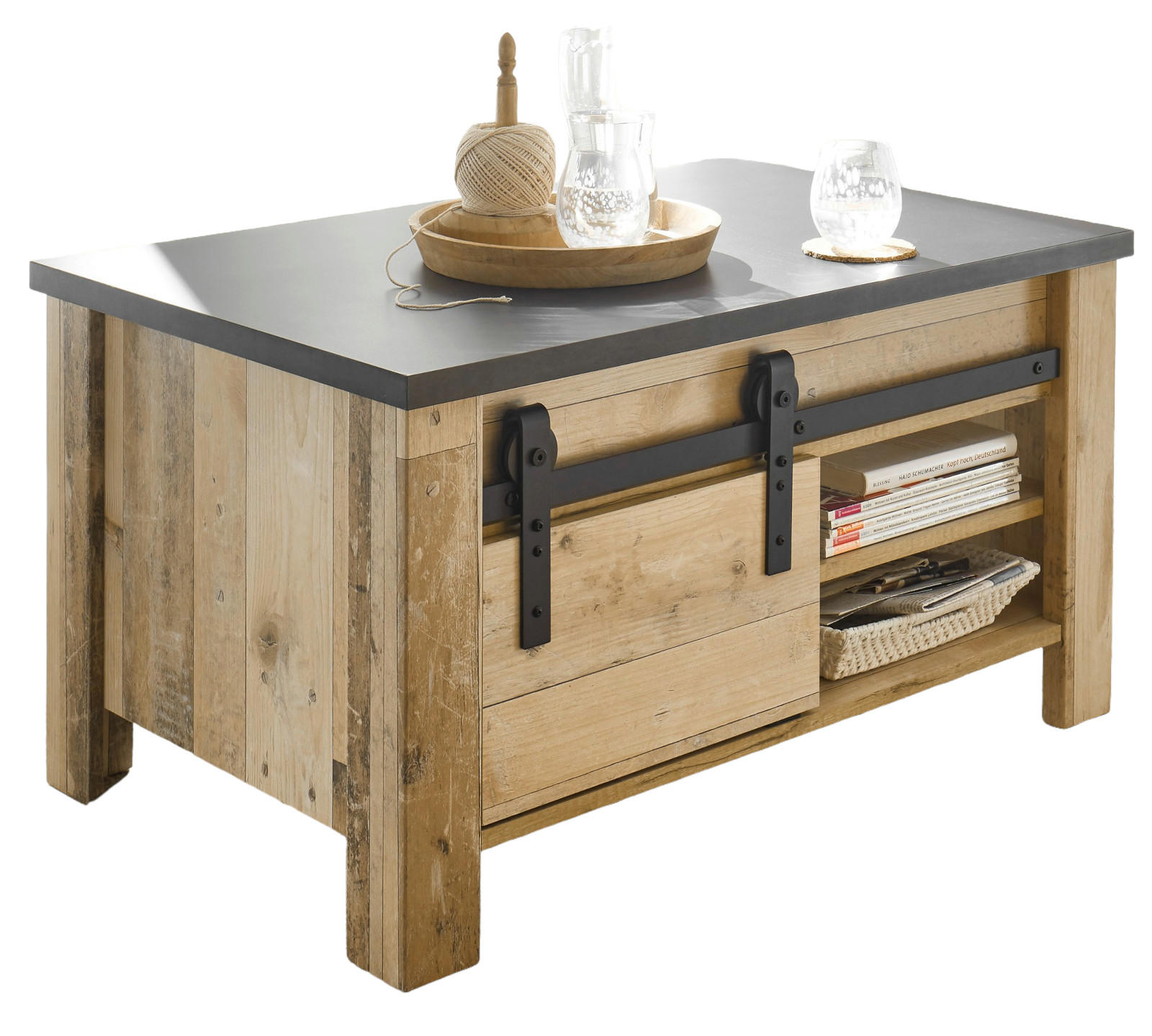 COUCHTISCH Used Wood hell, anthrazit, Beistelltisch mit Stauraum - Anthrazit/Schwarz, Holzwerkstoff/Metall (93/60/51cm) - Furn.Design