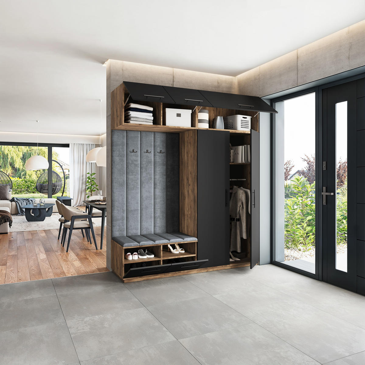 GARDEROBENSCHRANK REMA 200/240/60 cm Modern Garderobe-Set Eiche Lefkas - Eichefarben/Schwarz, Holzwerkstoff (200/240/60cm) - MASSENO