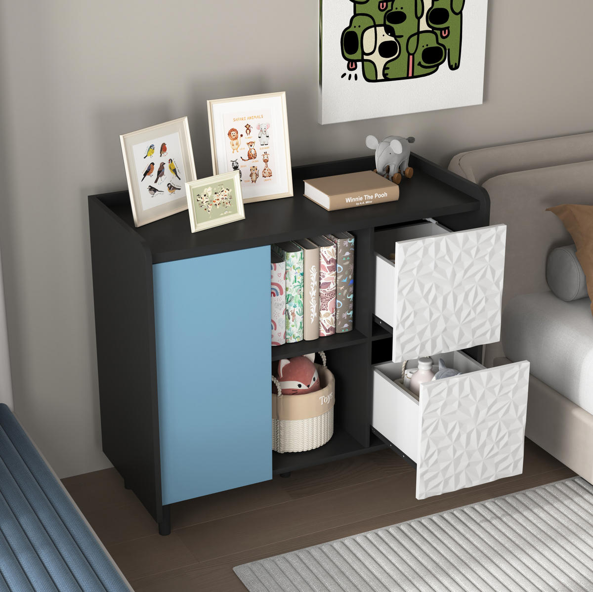 SIDEBOARD aus MDF 40x90x80 cm Schwarz/Blau mit 2 Schubladen, offenem Stauraum und Schrankfach - Schwarz, Holzwerkstoff (90/80/40cm) - Modfu