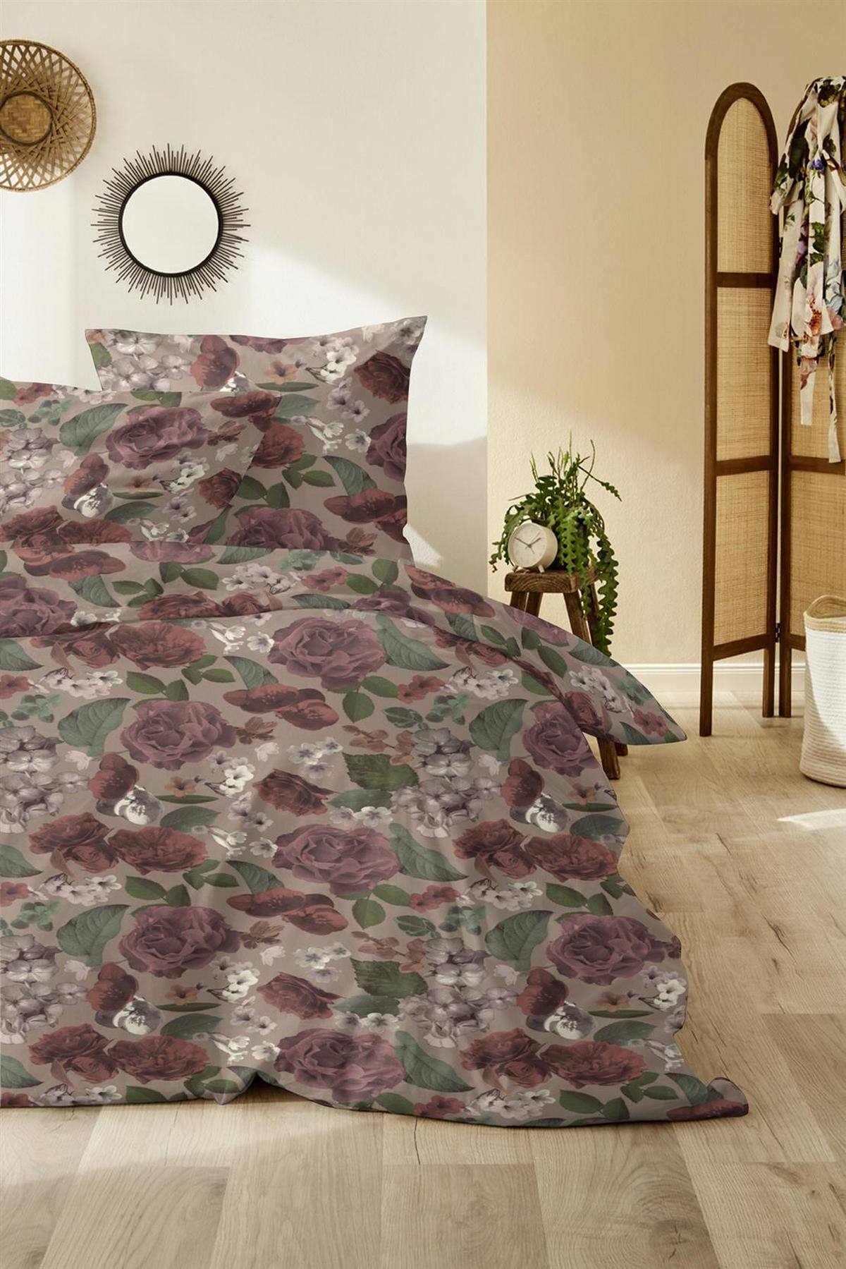 BIBER-BETTWÄSCHE 135x200 - Kuschelig warmer Flanell Bettbezug aus 100% Baumwolle für Herbst & Winter - Rosen Muster - Braun, Textil (135/200cm) - Carpe Sonno