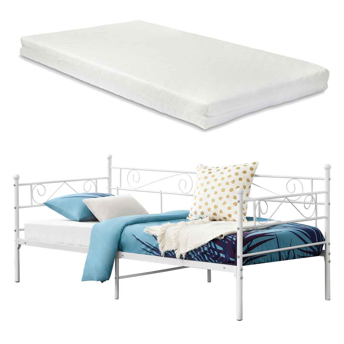 TAGESBETT Kerava mit Matratze - Weiß, Textil/Metall (90/200cm) - [en.casa]