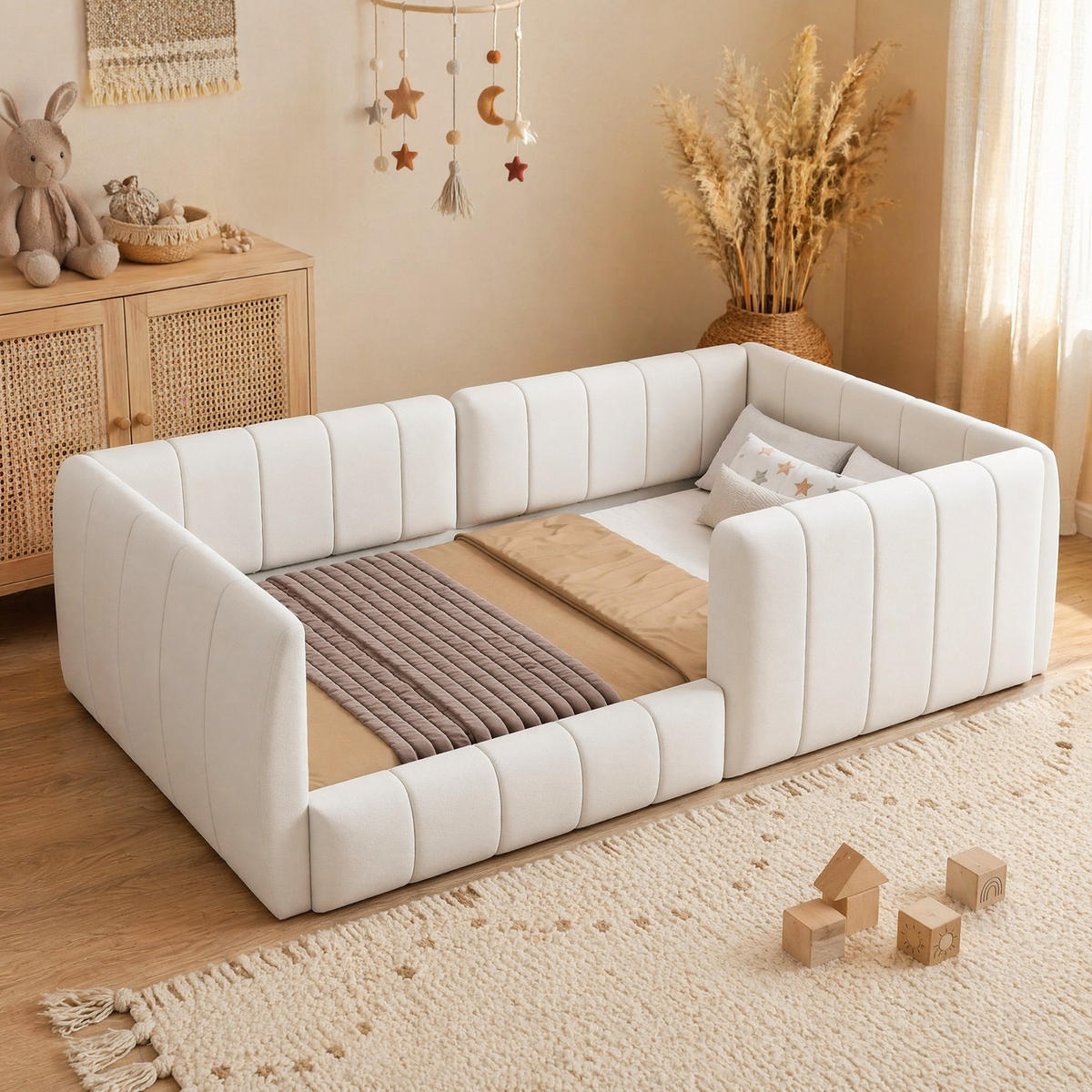 BOXBETT 90/200 mit Sicherheitsgeländer und gepolstertem Kopfteil in Beige - Beige, Holzwerkstoff/Textil (90/200cm) - EVRYAE