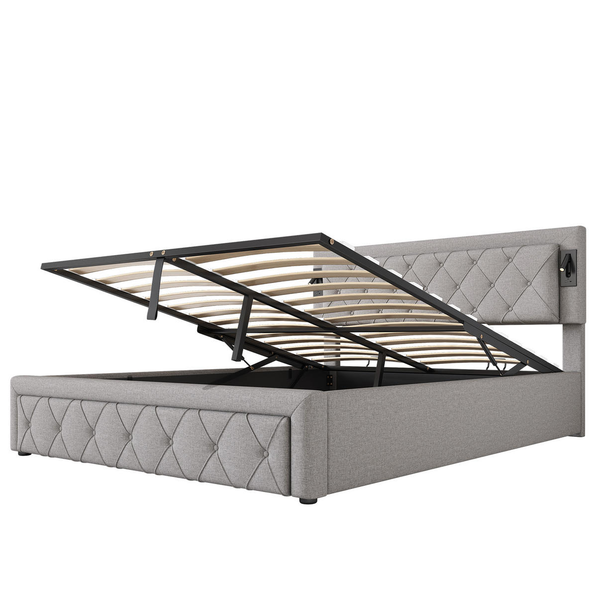 POLSTERBETT 160/200 cm Grau mit Downlight und USB-Schnittstellen - Grau, Textil (160/200cm) - OKWISH