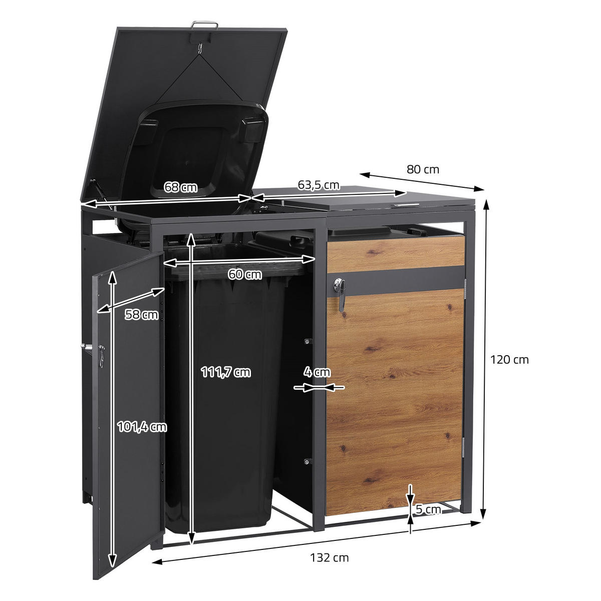 MÜLLTONNENBOX 2er Anthrazit-Eichenoptik - Braun, Metall (132/120/80cm) - ML-DESIGN