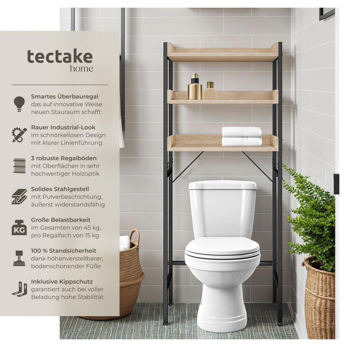 BADEZIMMERREGAL Seattle,inklusive Kippschutz,Industrial Holz hell, Eiche Sonoma - Naturfarben, Holz (63/165/25cm) - tectake