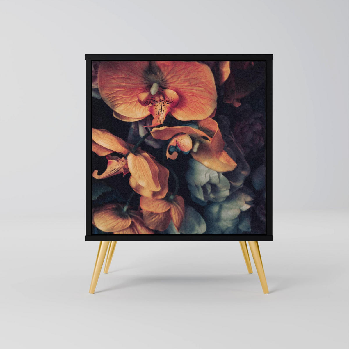 SIDEBOARD NEVERENDING BLOOM, Schwarz, 57,5x42x72,5 cm, Schwarze Metallfüße - Multicolor/Schwarz, Holzwerkstoff/Metall (57.5/72.5/42cm) - SpaceRebels