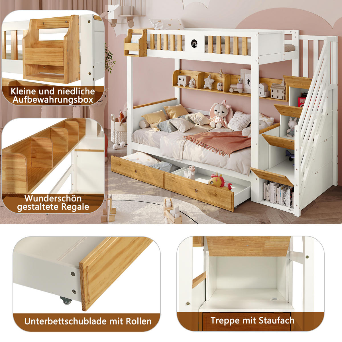 ETAGENBETT 90/200 cm mit Stauraumtreppe, Fallschutz, 2 Schubladen und Regal aus Kiefernholz & MDF, Weiß/Natur - Weiß, Holzwerkstoff (90/200cm) - Redom
