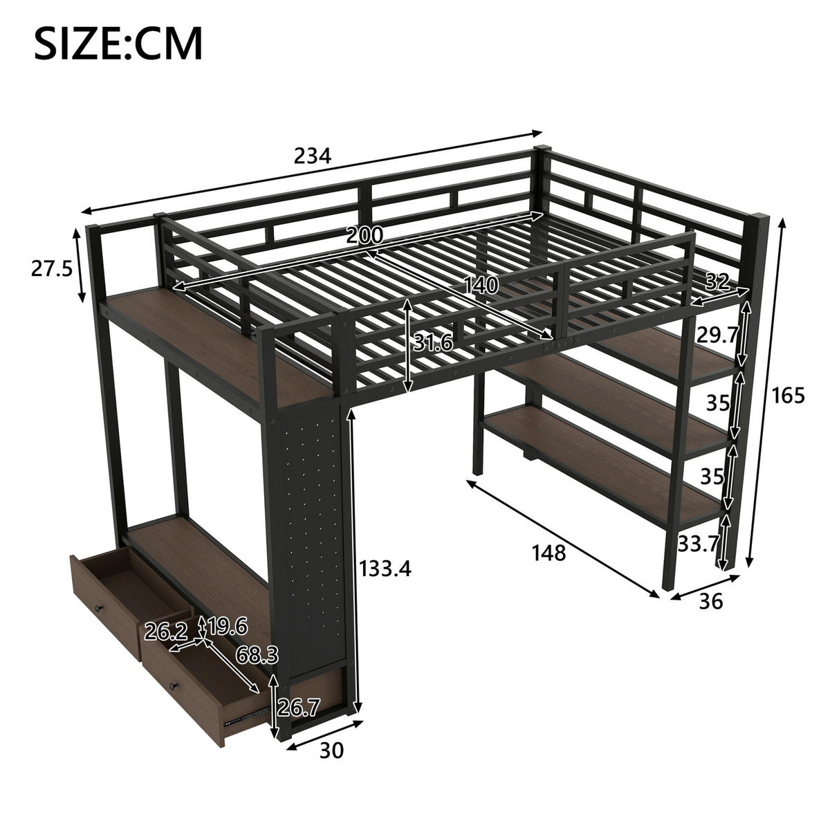 HOCHBETT 140/200 cm mit offenem Kleiderschrank, Regalen, Lochwand und LED-Beleuchtung, Schwarz - Schwarz, Holzwerkstoff (140/200cm) - Redom