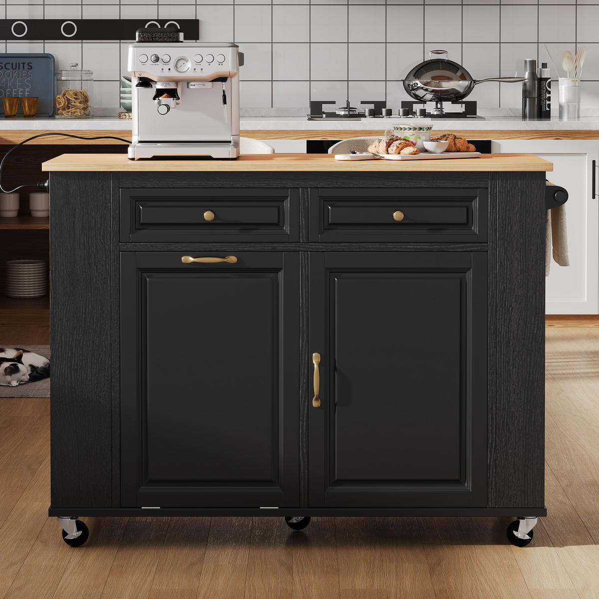 KÜCHENINSEL aus MDF 120x40-70x92 cm Weiß/Natur mit Rollen & Steckdosenleiste - Schwarz, Holzwerkstoff (120/92/70cm) - Modfu