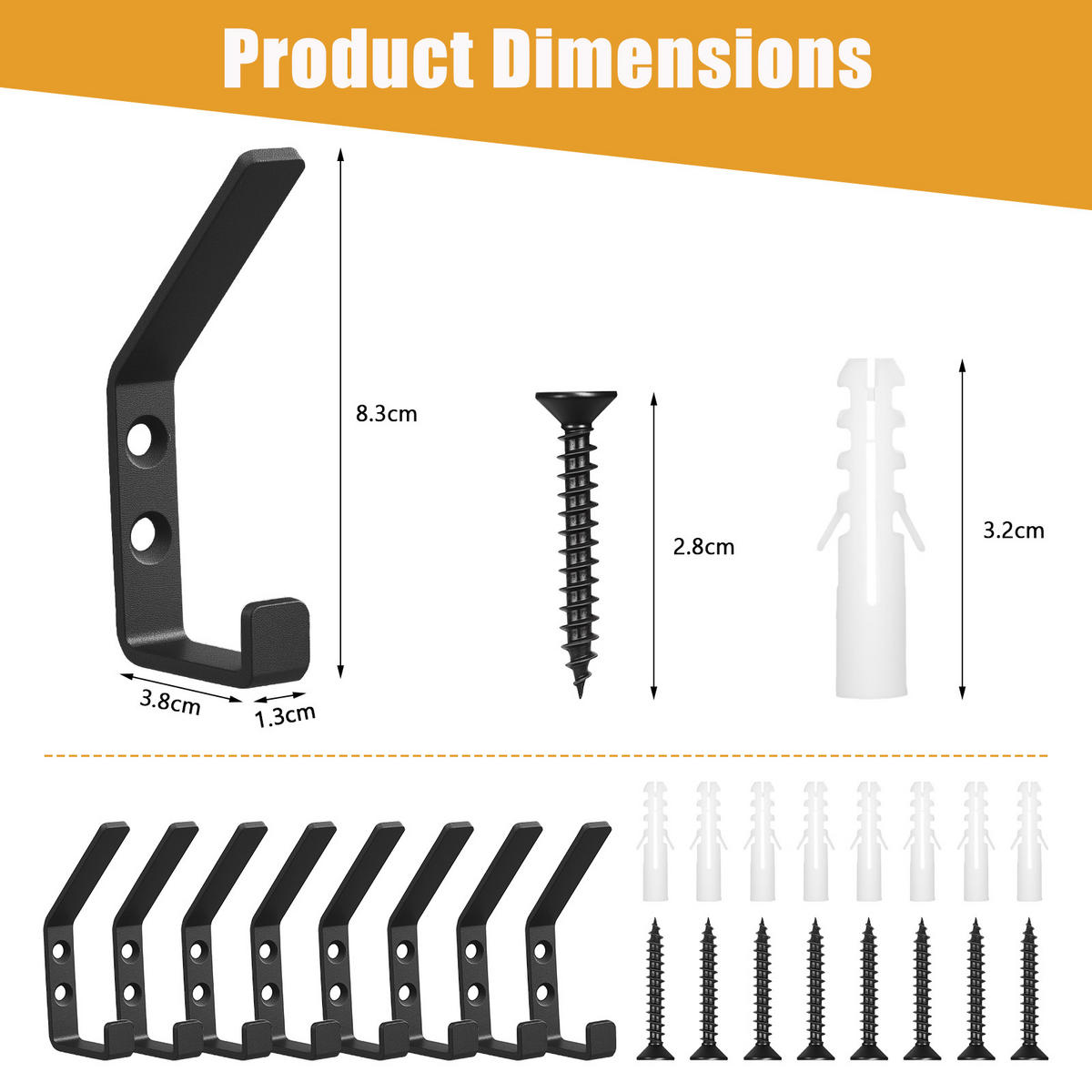 8 Stück Haken für Akustikpaneele, Doppelter Garderobenhaken Akustikpaneele Wandpaneele Kleiderhaken für Jacken, Mäntel und Hut, Schwarz, 13mm - Schwarz, Textil (3.8/8.3/1.3cm)