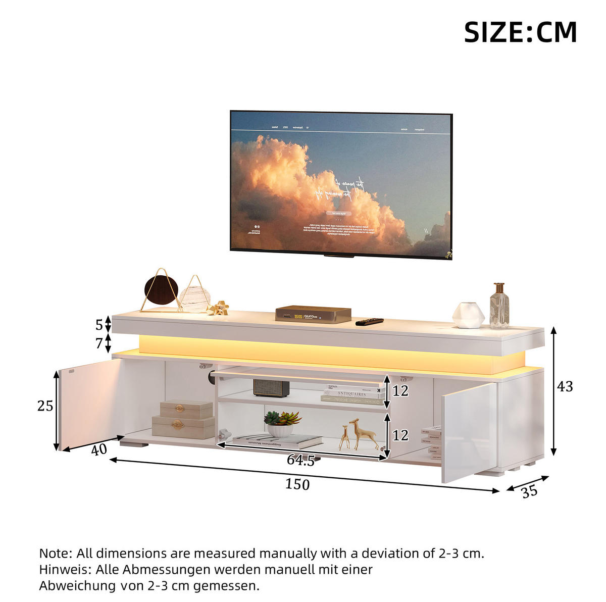 TV stolek 150/35/43 cm se 3 dvířky, 4 přihrádkami, LED osvětlením a vysokým leskem, bílá dřevotříska - bílá, kompozitní dřevo (150/43/35cm) - Redom