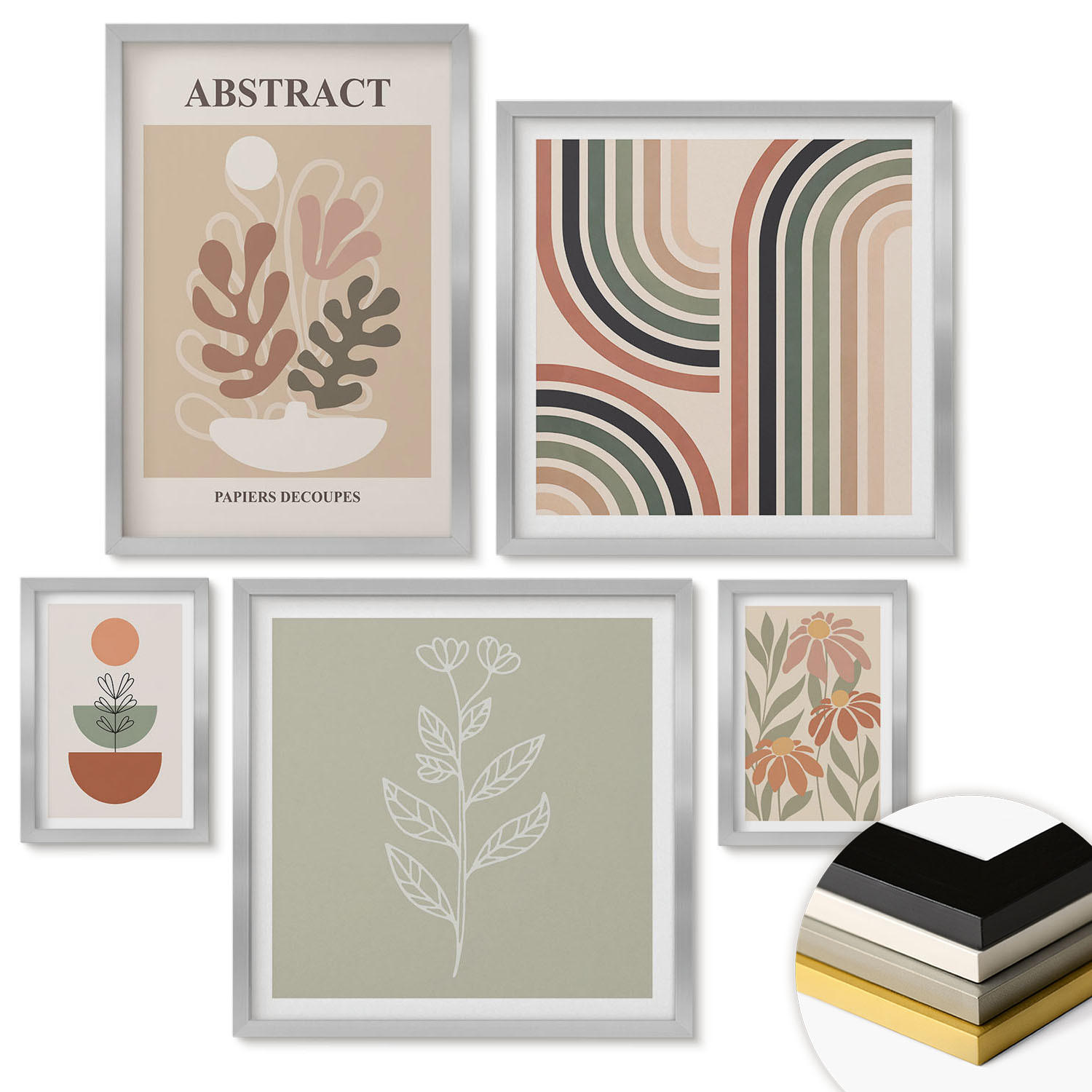 WANDBILDER 5er Set - 50x50 cm & 20x30 cm & 40x60 cm Silberner Rahmen - Abstrakte Pastellpflanzen - Silberfarben, Kunststoff (40/60cm) - ArtPrintCave