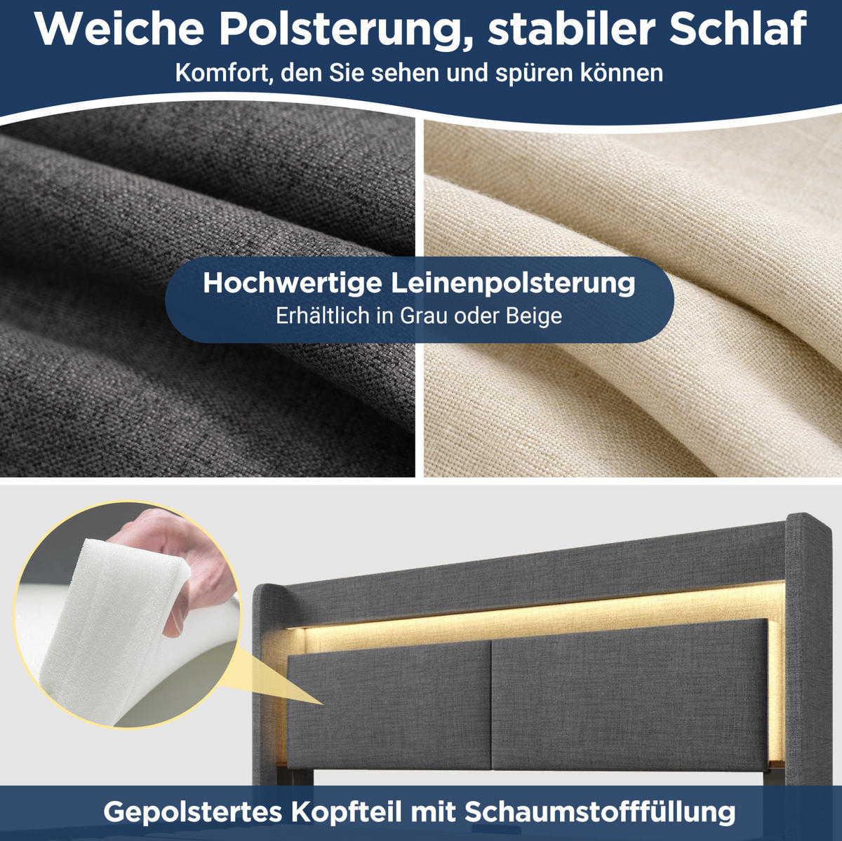ČALOUNĚNÁ postel 140/200 cm šedá z lnu s úložným prostorem, LED osvětlením a USB-C, s matrací - šedá, textil (140/200cm) - OKWISH