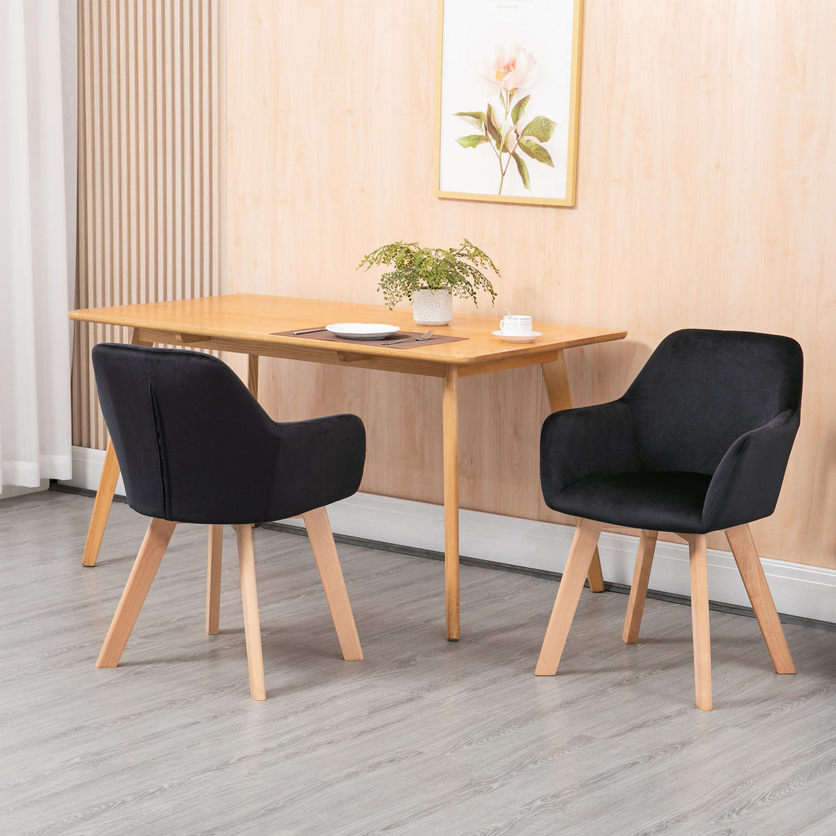 ESSZIMMERSTÜHLE 2er Set, Küchenstuhl mit Armlehne, Rückenlehne, Samtoptik - Schwarz/Naturfarben, Holz/Kunststoff (57/80/54cm) - HOMCOM