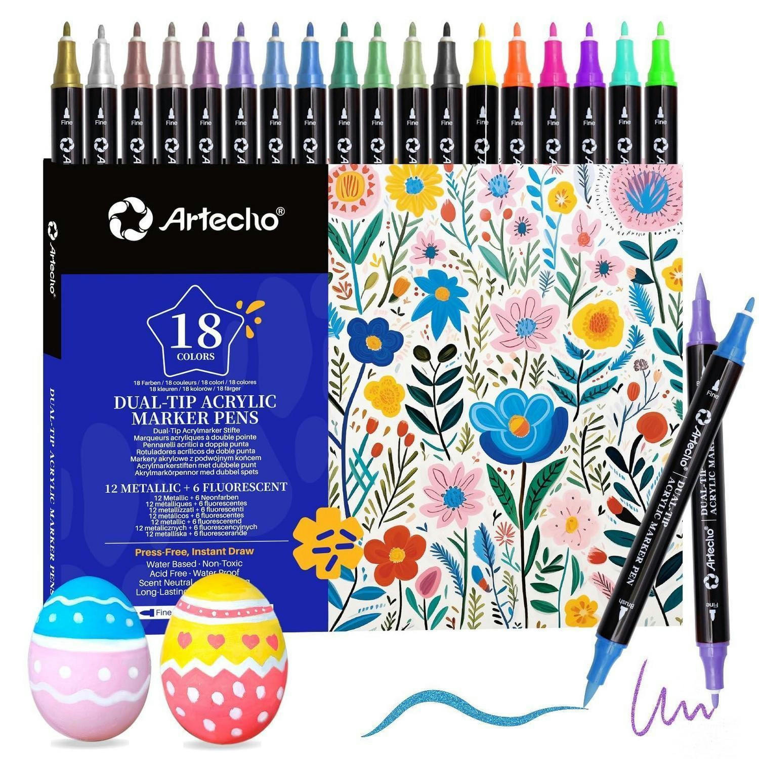 ACRYLSTIFTE 18 Farben Set (12 Metallic + 6 Fluoreszierend) Dual Tip Marker - Multicolor, Kunststoff (10/2/14cm)