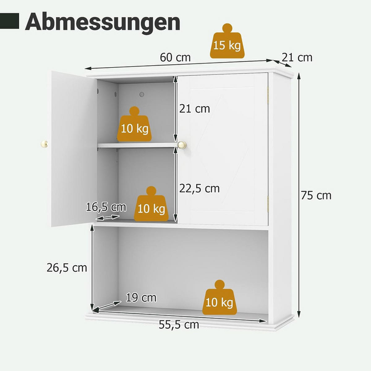 BAD-HÄNGESCHRANK mit 2 Türen weiß - Weiß, Holzwerkstoff (60/75/21cm) - COSTWAY
